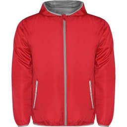 A red windbreaker jacket featuring a grey lining and zippered pockets, with a hood and a branding logo.