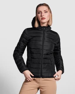 A women's waterproof hooded jacket in black with a zip front and quilted design, featuring a logo.