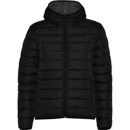 A black waterproof hooded jacket featuring a puffer design and two side pockets, along with a logo.