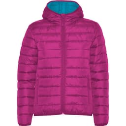 A women's waterproof hooded jacket in bright magenta with a contrasting turquoise lining and a logo on the front.