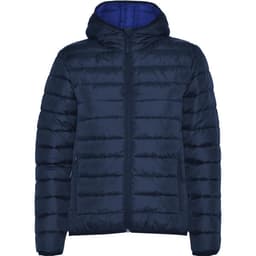 A waterproof hooded jacket in navy with a quilted design and a contrasting inner lining. Features a logo.