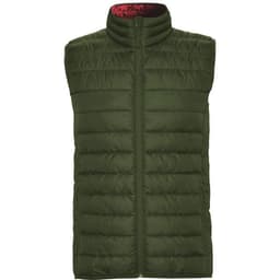 A green padded vest with a high collar and a zip front, featuring a contrasting inner lining.