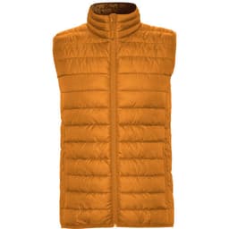 A padded vest in a vibrant orange colour, featuring a high collar and zip closure, with a logo on the front.