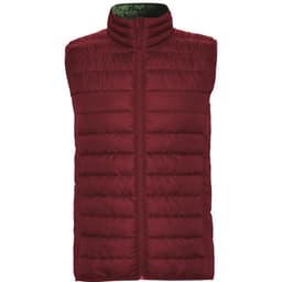 A burgundy padded vest with a high collar and front zipper, featuring a contrasting inner lining and a logo.