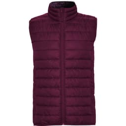 A padded vest in a rich burgundy colour, featuring a high collar and a front zip, with a logo.