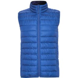 A blue padded vest with a high neck and zip front, featuring horizontal seams and no sleeves.