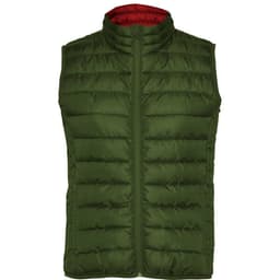 A green padded vest with a red interior and a high collar, featuring a zip closure and a branding logo.