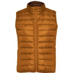 A padded vest in a rich orange-brown colour, featuring a zip front and vertical stitching. It has a logo on the design.