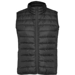 A black padded vest with a high collar and front zip, featuring a branded logo.
