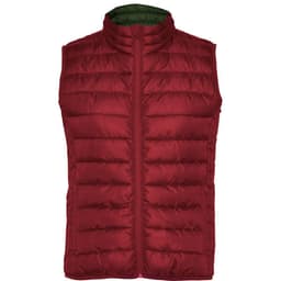 A maroon padded vest for women with a green inner lining. Features a stand-up collar and zip closure.