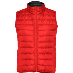 A red padded vest with a high collar and zip front, featuring a black interior lining.