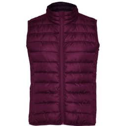 A maroon padded vest with a high collar and a zippered front. It features a logo on the left side.