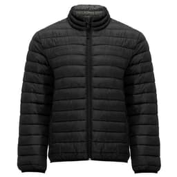 A black waterproof jacket featuring a quilted design, front zipper, and high collar. It has a logo on the chest.