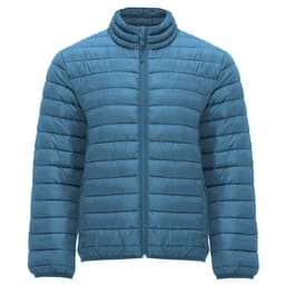 A waterproof jacket in a deep blue colour with a zip front and quilted texture, featuring a stand-up collar.