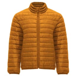 A waterproof jacket in a warm mustard colour, featuring a zip front and quilted design, with a round collar.