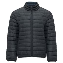 A dark grey waterproof jacket featuring a quilted design and a zip front. It has a high collar and is plain in style.