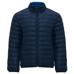 A navy waterproof jacket features a zip front and a quilted design, with a blue interior lining and a branded logo.