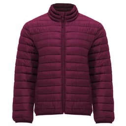 A maroon waterproof jacket with a zip front and high collar, featuring a puffer style and a logo on the chest.