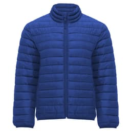A blue waterproof jacket with a quilted design, featuring a zip front and a high collar. It has a logo on the chest.