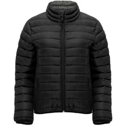 A black women's waterproof jacket featuring a zip front and padded design, with a high collar. It has two side pockets and a logo.