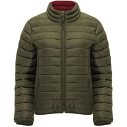 A waterproof women's jacket in olive green with a red interior, featuring a zip-up front and a classic puffer design.