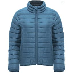 A women's waterproof jacket in blue with a quilted design and front zip. It features a stand-up collar and has branding.