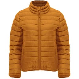 A women's waterproof jacket in a warm mustard yellow, featuring a zip front and stand-up collar. It has a simple logo.