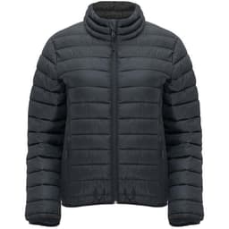 A dark grey women's waterproof jacket with a zip front and a padded design, featuring a high collar and side pockets.