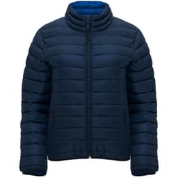 A navy women's waterproof jacket with a quilted design and a high collar. Features a logo on the front.