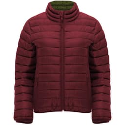 A maroon women's waterproof jacket with a high collar and zip closure, featuring quilted sections and side pockets.