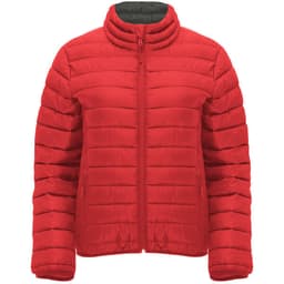 A red women's waterproof jacket with a zip-up front and a stand-up collar, featuring horizontal quilted sections.