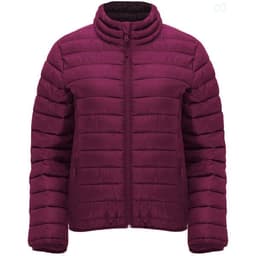 A waterproof women's jacket in a rich burgundy colour with a zip front and a stand-up collar. It features a branding logo.