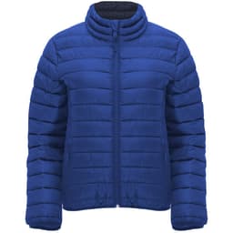 A blue women's waterproof jacket featuring a zip-up front and a high collar, with horizontal stitching and a logo.