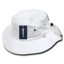 A white structured Aussie hat with a chin strap and a logo tag attached.