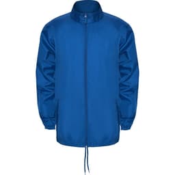 A blue waterproof jacket with a zip front and elastic cuffs. It features a collar and a drawstring at the hem.