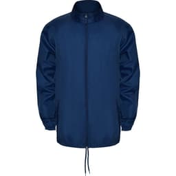 A navy waterproof jacket with a front zip, adjustable drawstring, and long sleeves. It features a logo on the chest.