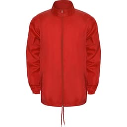 A red waterproof jacket features a zip front, long sleeves, and a high collar. It has a brand logo on it.