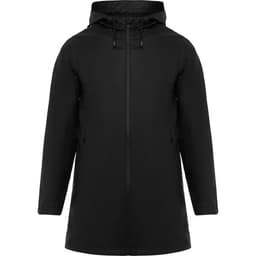 A black waterproof raincoat with a hood, featuring a zip front and side pockets. It has a simple design and branding.
