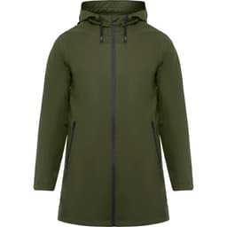 A waterproof raincoat in olive green with a hood and zippered pockets, featuring branding on the design.