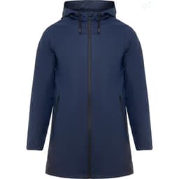 A navy waterproof raincoat featuring a hood, zippered front, and side pockets. It has a brand logo on it.
