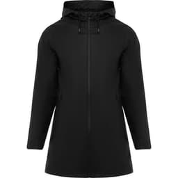A black waterproof raincoat for women with a hood and adjustable drawstrings. It features a logo on the front.