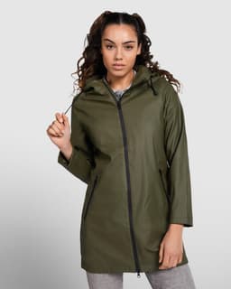 A women’s waterproof raincoat in olive green with a hood, featuring a front zip and side pockets.