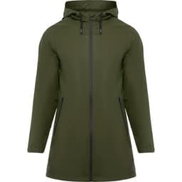 A waterproof raincoat in dark green with a hood and zippered front, featuring side pockets and a logo.