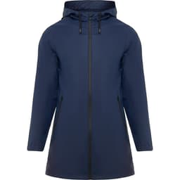 A waterproof raincoat in navy blue, featuring a hood and zippered pockets, with a logo on the design.