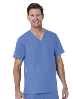 A men's V-neck top in light blue, featuring short sleeves and two front pockets. The model is smiling and wearing it.