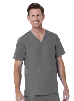 A grey V-neck top for men, featuring short sleeves and two front pockets, with a logo visible on the fabric.