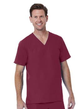 A men's V-neck top in burgundy, featuring short sleeves and a pocket, with a branding logo on the clothing.