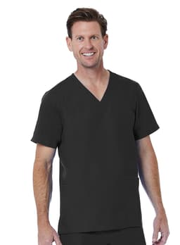 A man wearing a black V-neck top with two front pockets and a simple logo.