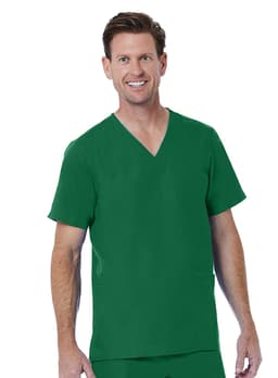 A man wearing a green V-neck top, smiling, with pockets on both sides. The top features a logo.