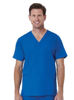 A man is wearing a blue V-neck top with short sleeves, featuring a pocket on one side. The top has branding.